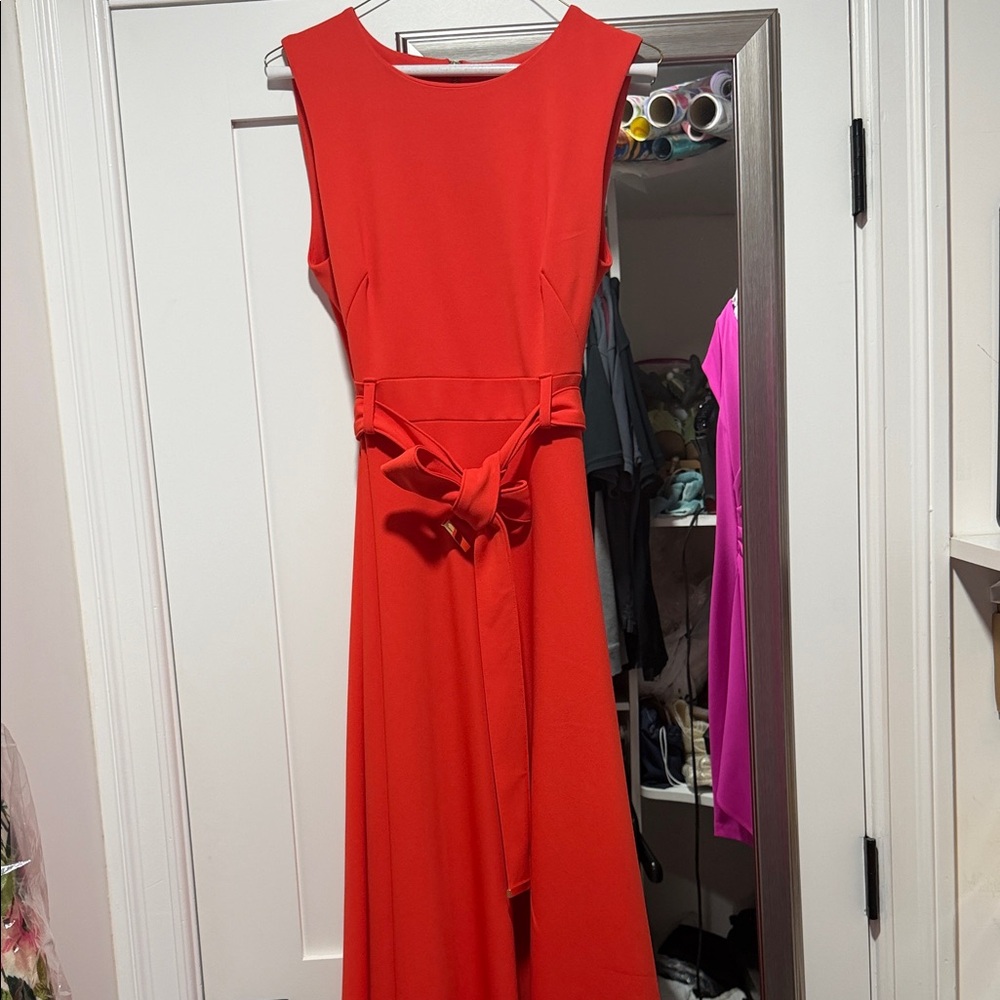 Calvin Klein Bright Red Sleeveless Maxi Dress with Waist Tie